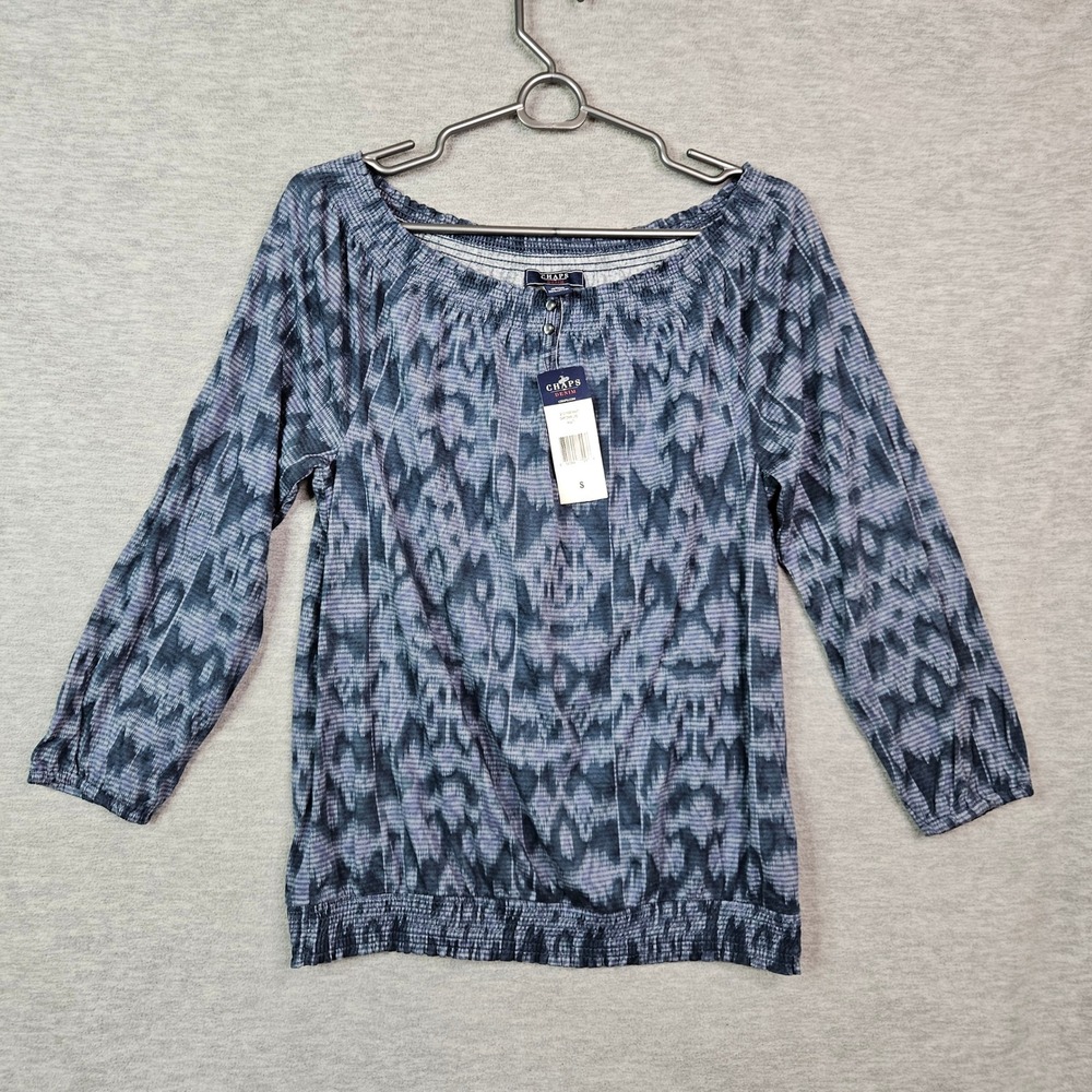 Chaps Denim Women's Small Blue Ikat Print Smocked Hem 3/4 Sleeve Blouse NWT